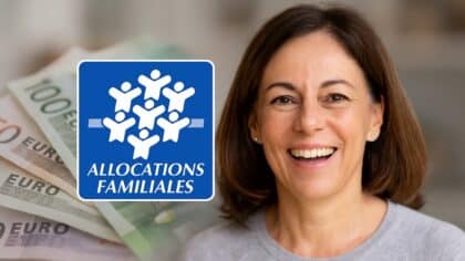 Une femme souriante tenant des billets, avec le panneau des Allocations Familiales en arrière-plan, représentant la revalorisation de l’ASF en 2025