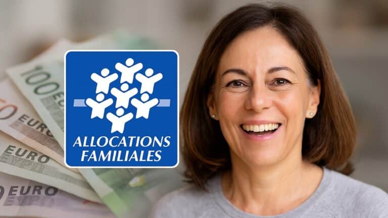 Une femme souriante tenant des billets, avec le panneau des Allocations Familiales en arrière-plan, représentant la revalorisation de l’ASF en 2025