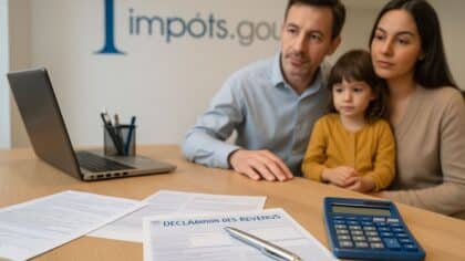 Une famille consulte des documents fiscaux dans un bureau avec le logo des impôts en arrière-plan.