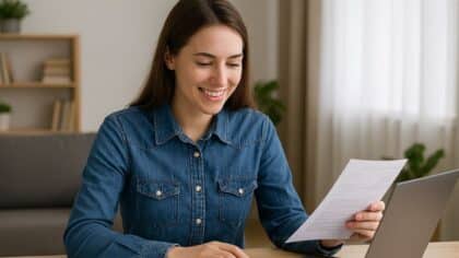 Une jeune femme étudiante consulte ses papiers administratifs chez elle avec un ordinateur portable, concentrée et souriante
