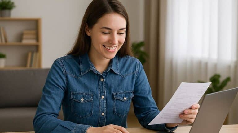 Une jeune femme étudiante consulte ses papiers administratifs chez elle avec un ordinateur portable, concentrée et souriante