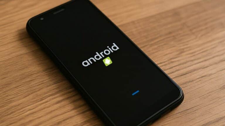 Un smartphone Android en cours de redémarrage sur une table en bois.