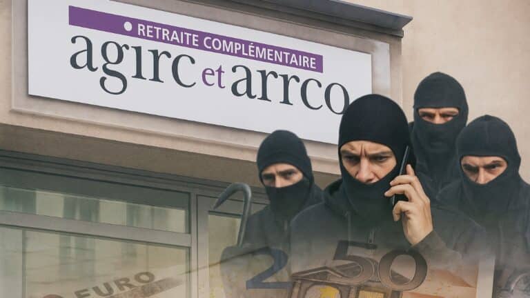 Un retraité face à une arnaque Agirc-Arrco en ligne, avec des escrocs en arrière-plan flouté