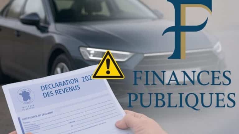 Déclaration d’impôt 2025 en main, voiture et logo Finances Publiques en arrière-plan.