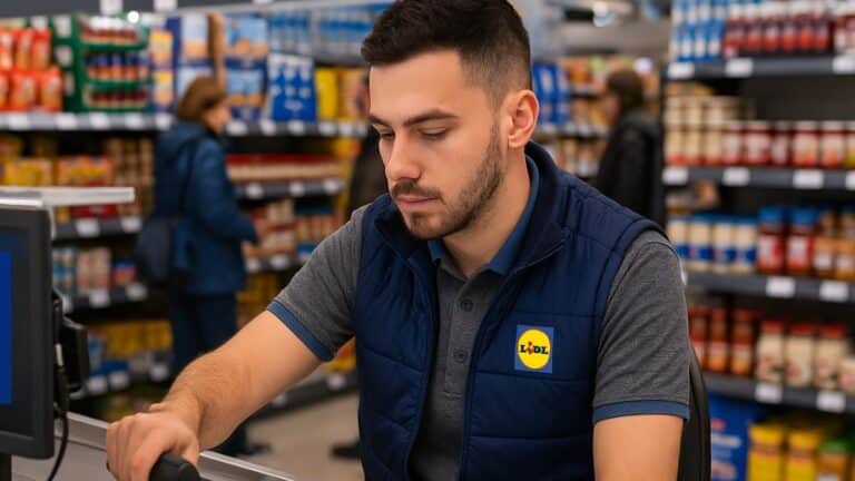 Un caissier Lidl au travail, concentré en caisse avec clients et produits visibles en rayon