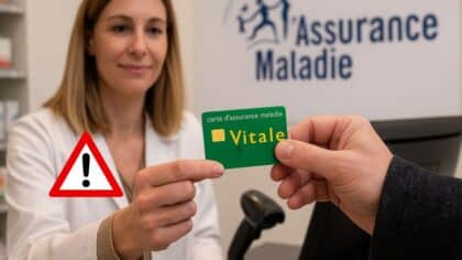 Une assurée à la santé fragile tend sa carte Vitale à une pharmacienne dans une pharmacie, avec le logo officiel de l’Assurance Maladie visible à l’arrière