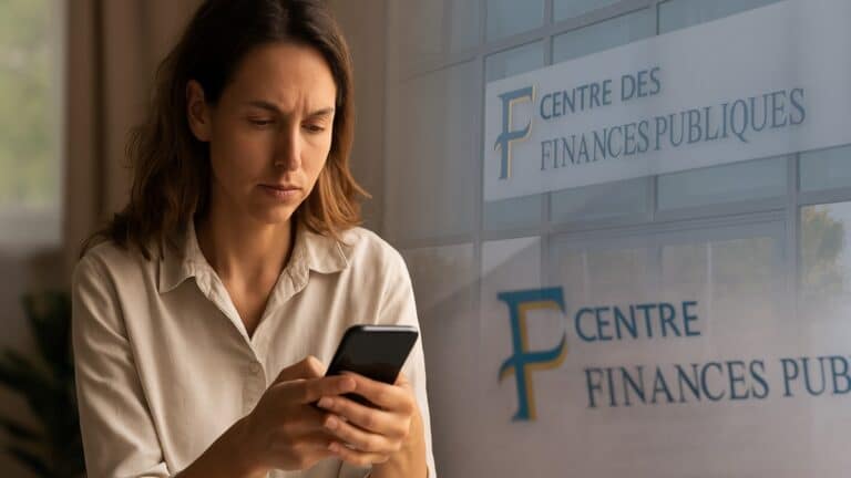 Une femme consulte ses mails avec en arrière-plan un centre des impôts en transparence, symbole des démarches fiscales 2025