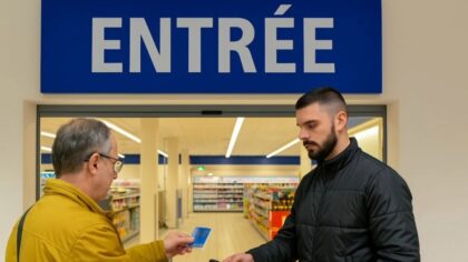 paiement à l’entrée d’un supermarché par un agent de sécurité