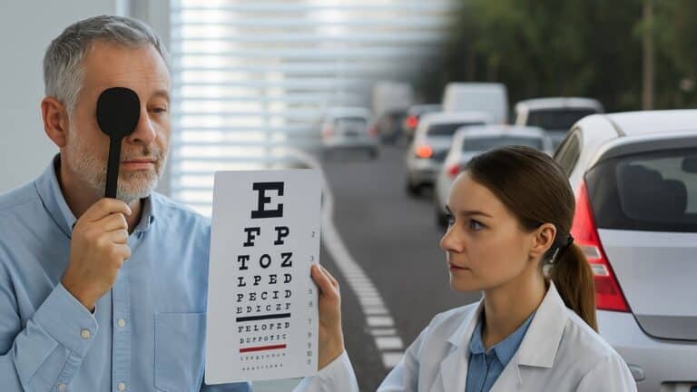 Un homme réalise un test de vue avec une médecin, en lien avec un contrôle médical pour conserver le permis de conduire