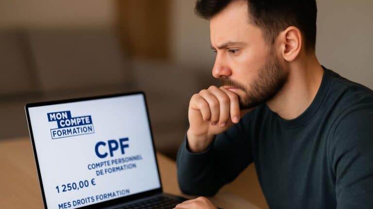 Un salarié consulte son compte CPF sur son ordinateur portable, concentré sur les options de formation disponibles