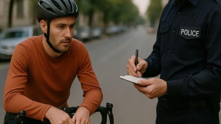 Un cycliste se fait verbaliser dans la rue par un policier en uniforme.