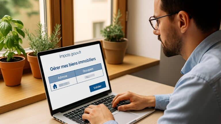 Écran d’ordinateur affichant un site administratif, avec un propriétaire consultant ses biens immobiliers dans un espace personnel