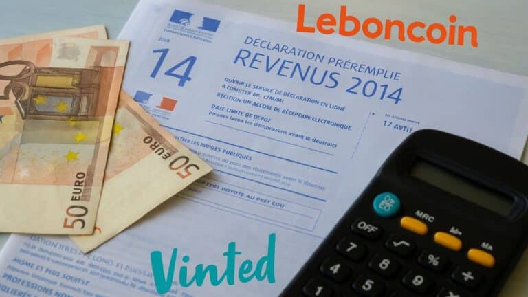 Formulaire de déclaration de revenus français avec billets de 50 €, une calculatrice et les logos de Vinted et Leboncoin, illustrant les obligations fiscales liées aux plateformes.