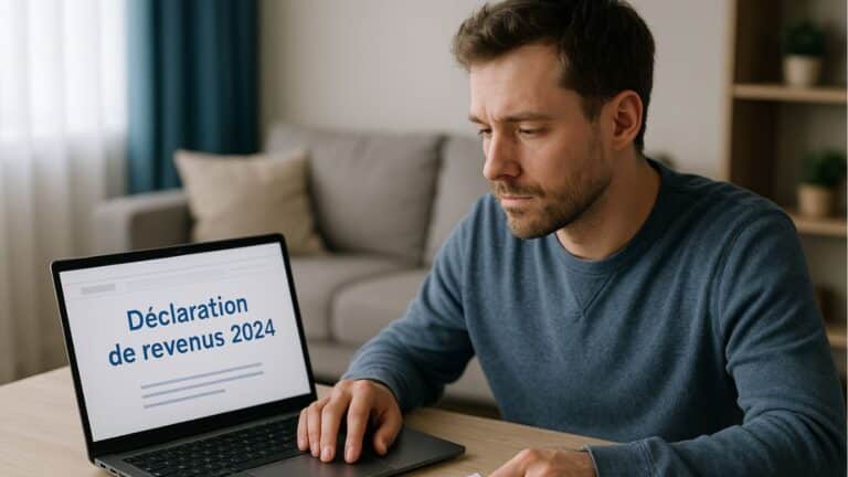 Un contribuable remplit sa déclaration de revenus 2024 en ligne sur ordinateur portable, concentré et entouré de documents administratifs.