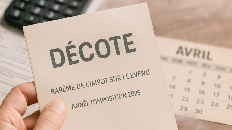 Document fiscal mentionnant la décote pour les impôts 2025, posé à côté d’un calendrier et d’une calculatrice