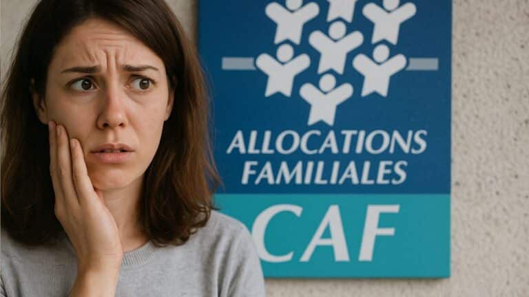 Femme inquiète devant un panneau de la Caf pour ses allocations