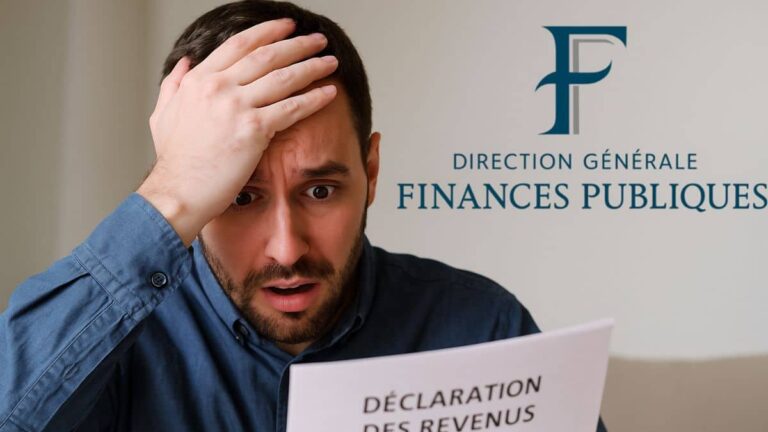 Homme choqué devant sa déclaration d'impôts français avec logo Direction Générale des Finances Publiques
