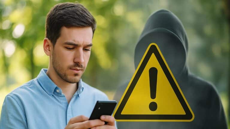 Un escroc en arrière-plan observe une personne concentrée sur son smartphone, panneau d’alerte jaune en surimpression