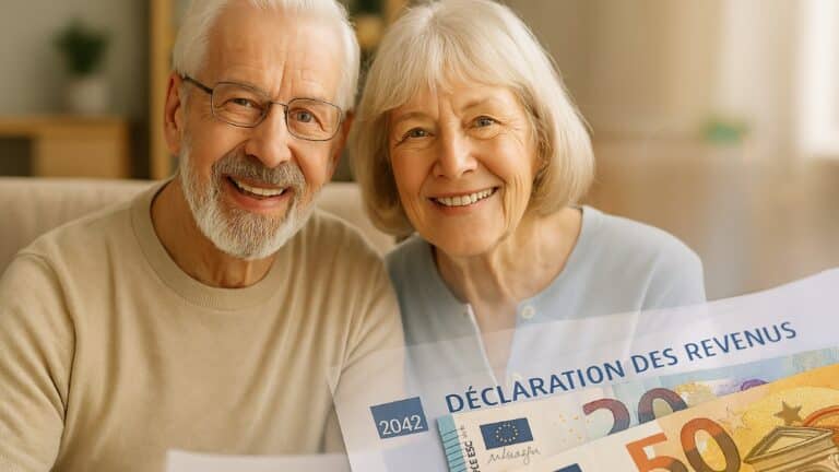 Couple de retraités avec feuille d’impôt et billets en surimpression