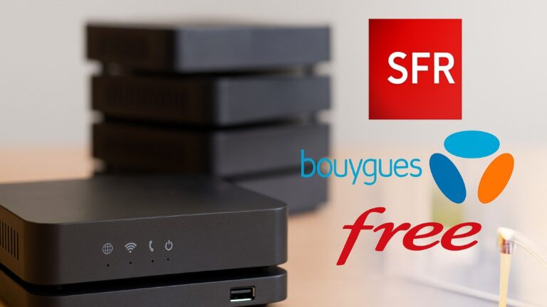Box internet avec les logos de Free, Bouygues et SFR en surimpression
