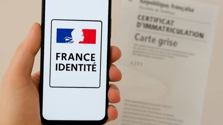 Une main tient un smartphone affichant le logo France Identité, avec une carte grise floutée en arrière-plan.