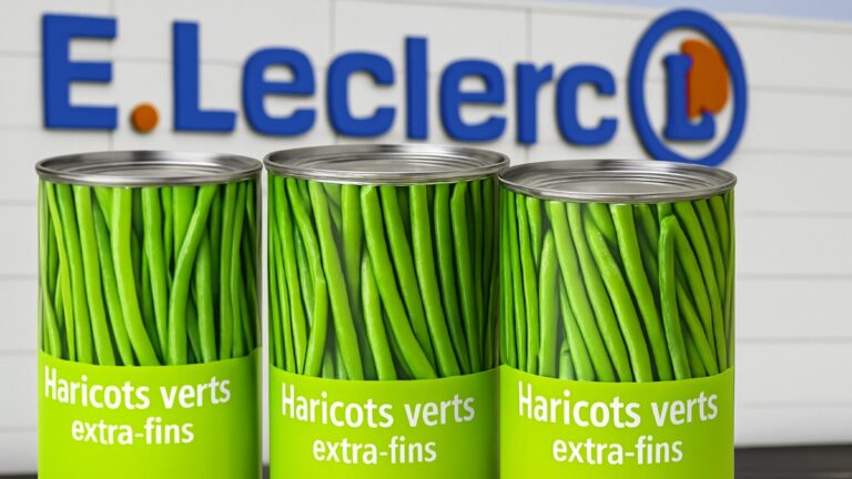 Boîtes de haricots verts extra-fins devant un magasin E. Leclerc lors d’un rappel produit