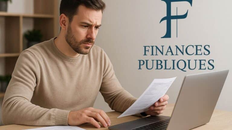 Homme déclarant ses impôts en ligne devant un logo des Finances publiques.