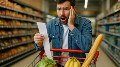 Homme choqué en découvrant le montant de son ticket de caisse en faisant ses courses.