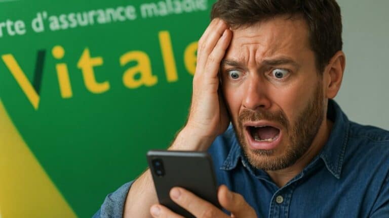 Homme choqué regardant son téléphone devant une Carte Vitale, victime d’une escroquerie en ligne.