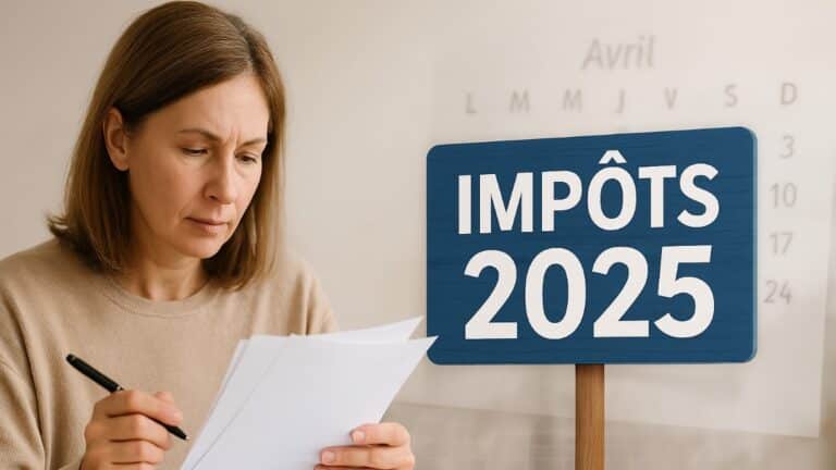 Femme concentrée sur sa déclaration avec un panneau Impôts 2025 et un calendrier d’avril en arrière-plan
