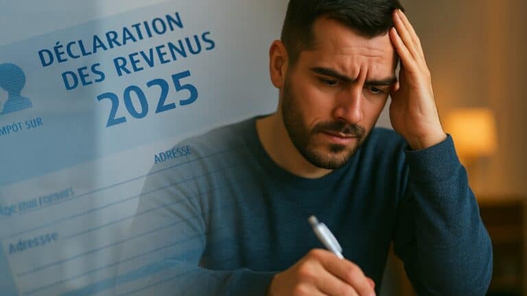 Un homme consultant sa déclaration de revenus impôts 2025 en ligne, avec un document fiscal en arrière-plan