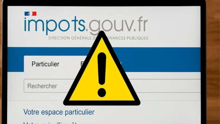 Page du site impots.gouv.fr affichée sur un écran avec un symbole d’avertissement.