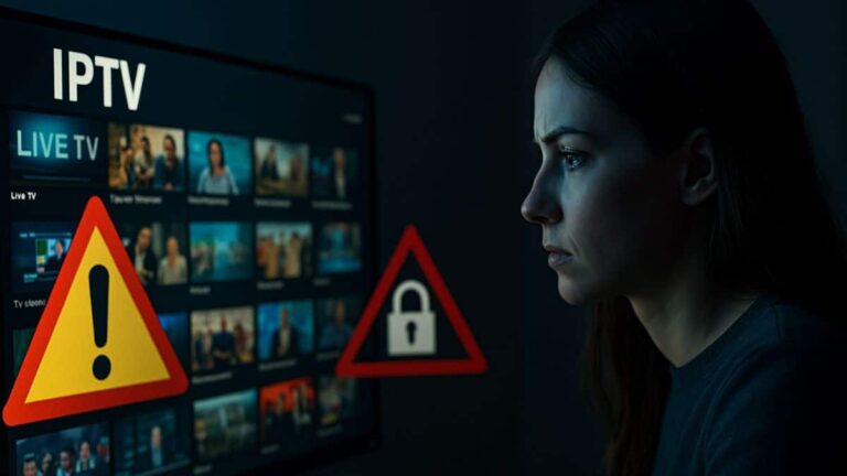 Femme inquiète devant un écran IPTV avec symboles de danger et piratage