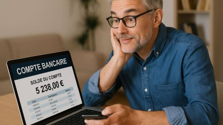 Un jeune retraité consulte en ligne le solde de son compte bancaire affiché en français.