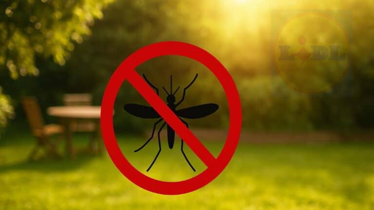 Logo Lidl en fondu dans un jardin ensoleillé, avec un symbole anti-moustiques, pour illustrer les solutions estivales contre les piqûres