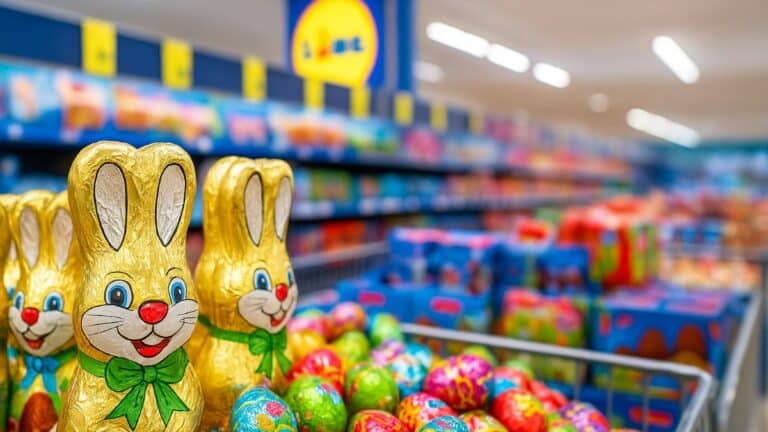 Rayon de supermarché lidl discount rempli de chocolats de Pâques colorés en 2025