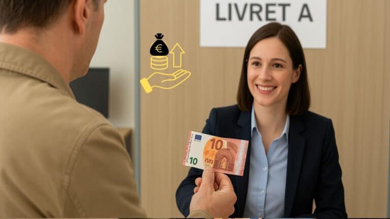 Un homme dépose un billet de 10 euros au guichet d'une banque pour ouvrir un Livret A.