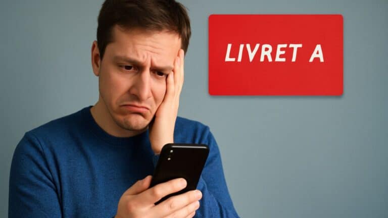 Un homme regarde son téléphone avec déception devant une affiche rouge indiquant Livret A.