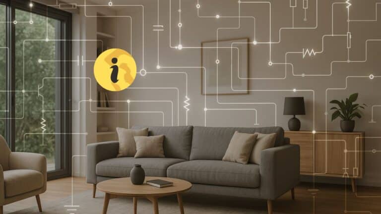 Salon moderne avec circuit électrique en surimpression illustrant la norme 2025.