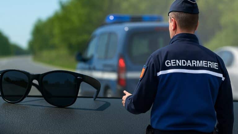 Lunettes de soleil sur un tableau de bord et contrôle routier par la gendarmerie française