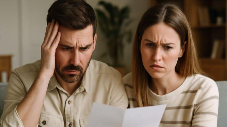 Un couple préoccupé devant son relevé de compte, découvrant le montant des minima forfaitaires facturés.