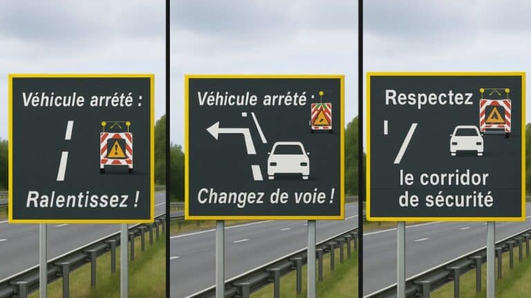 Un nouveau panneau de signalisation apparaît en bord d’autoroute, près d’une zone d’intervention, sous un ciel clair.