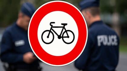 Panneau B9b représentant un vélo barré, avec des policiers en arrière-plan, symbolisant l’interdiction de circulation des vélos