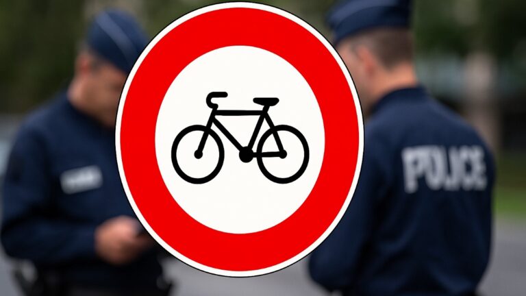 Panneau B9b représentant un vélo barré, avec des policiers en arrière-plan, symbolisant l’interdiction de circulation des vélos