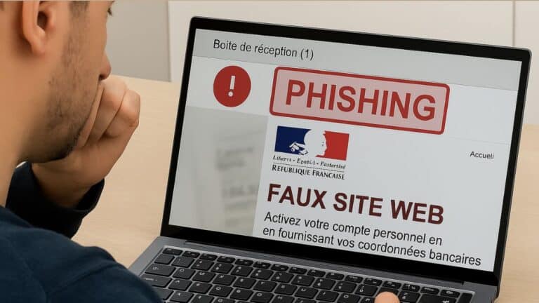 Homme face à un ordinateur affichant un faux site du service public avec mention “Attention : site frauduleux – ne pas entrer vos données bancaires”.