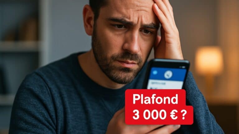 Un homme inquiet consulte son smartphone affichant une alerte rouge sur le plafond de son compte bancaire