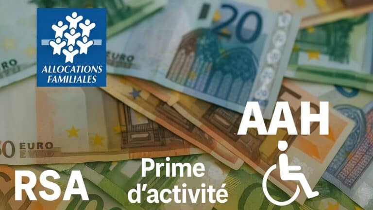 Logos des aides sociales RSA, AAH, Prime d’activité et Allocations familiales sur fond de billets en euros