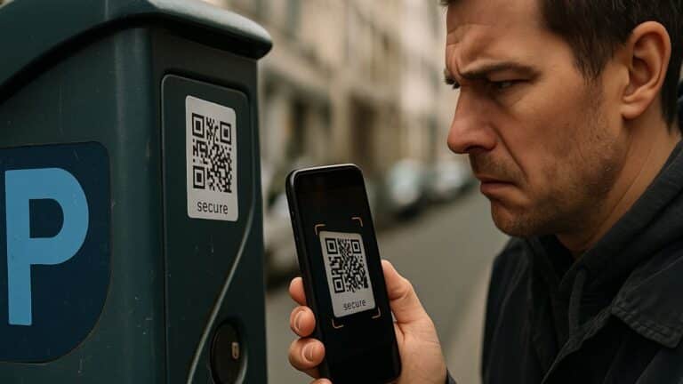 Un automobiliste confus scanne un QR code sur un horodateur dans une rue française, victime d’une arnaque au stationnement