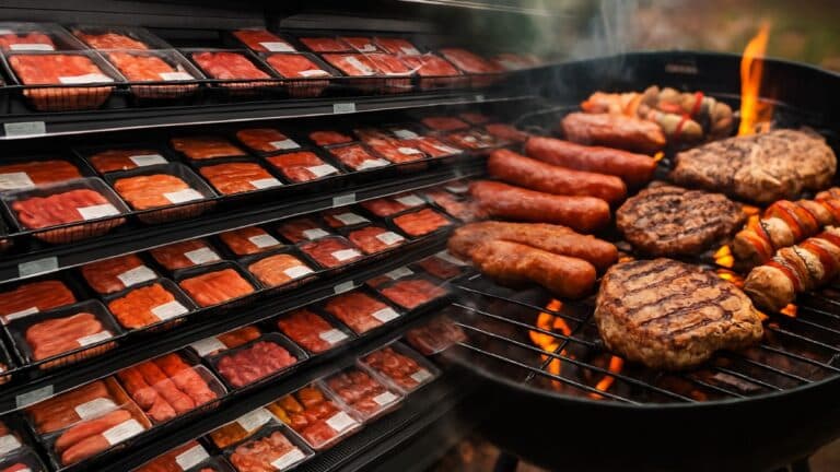 Rayon de viande grillades en supermarché avec effet fondu sur un barbecue en extérieur
