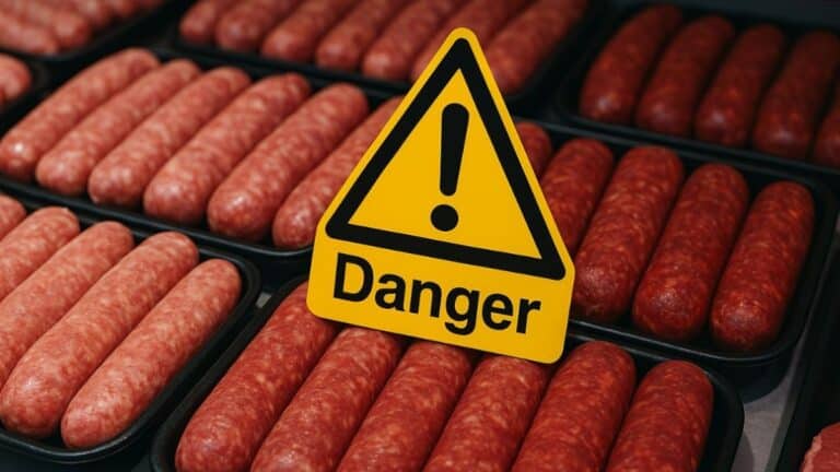 Étal de boucherie avec des saucisses et un panneau jaune de danger pour alerte sanitaire.